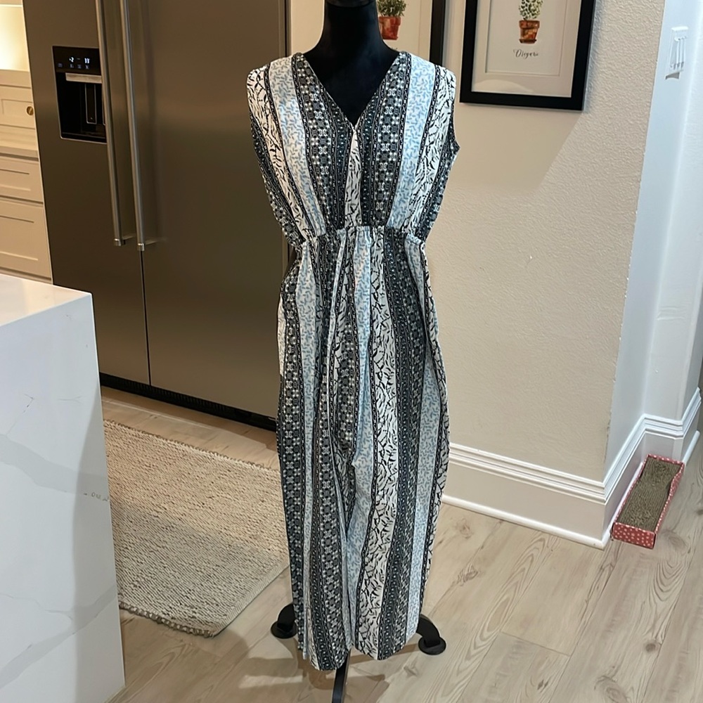 Sleeveless jumpsuit, black, white and blue